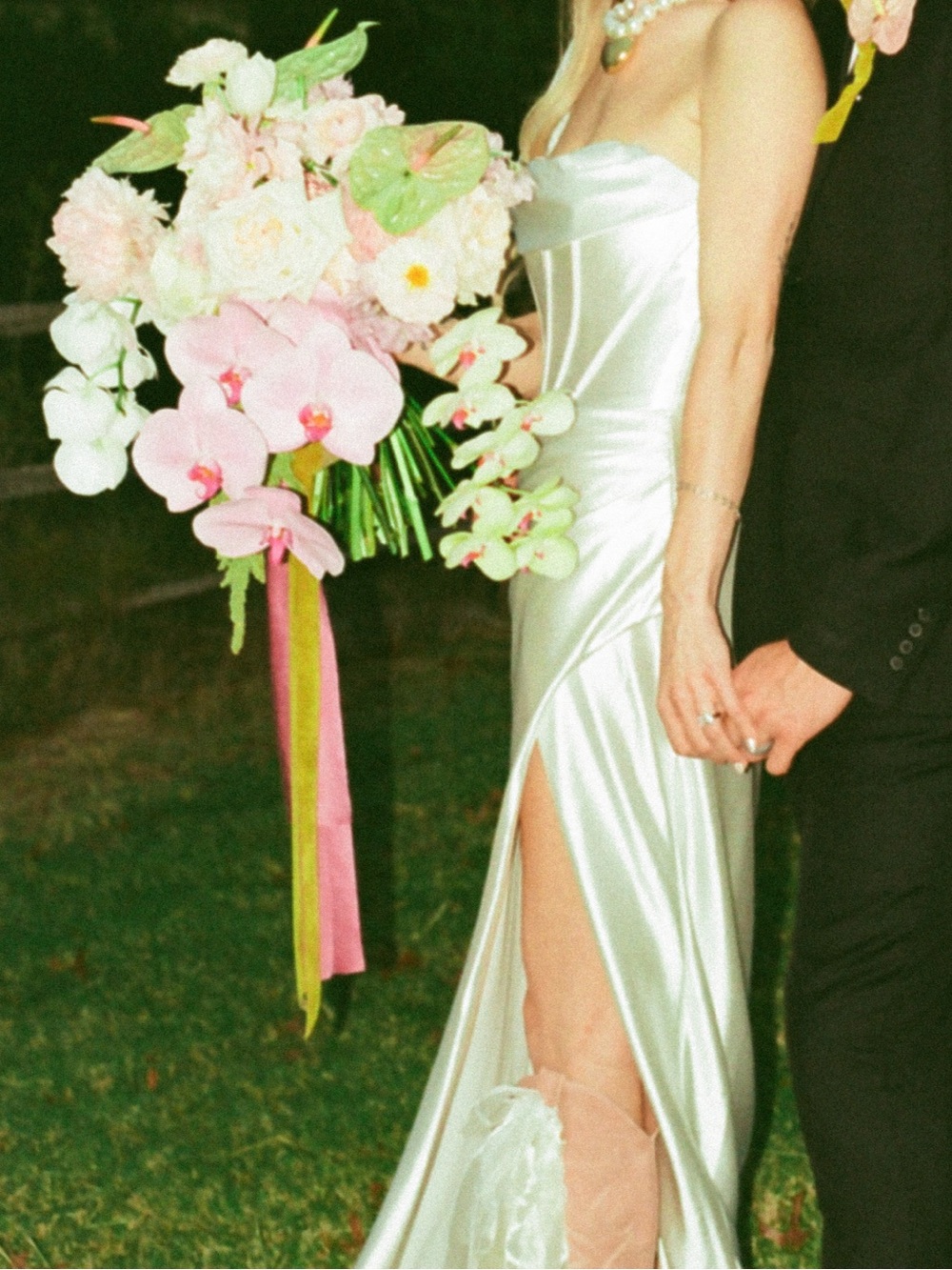 Satin Ivory Cowl Neck Bridal Gown with Corset Bodice and Leg Slit